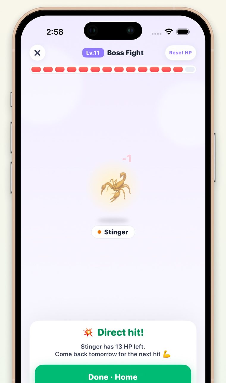 Boss fight screen showing a direct hit on Stinger, the level 11 boss