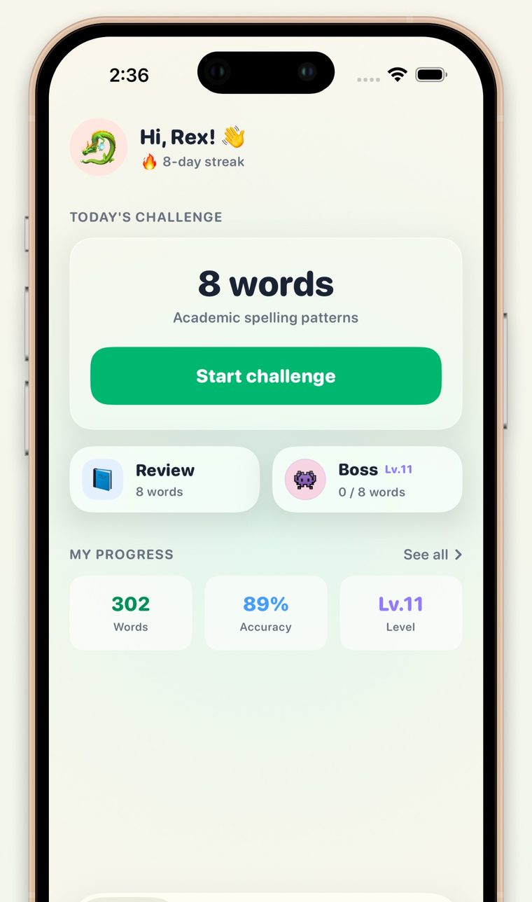 Word Wonder home screen showing today's challenge of 8 words, a review queue and a level 11 boss