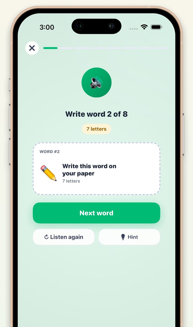 Write on paper screen prompting the child to write word 2 of 8 by hand