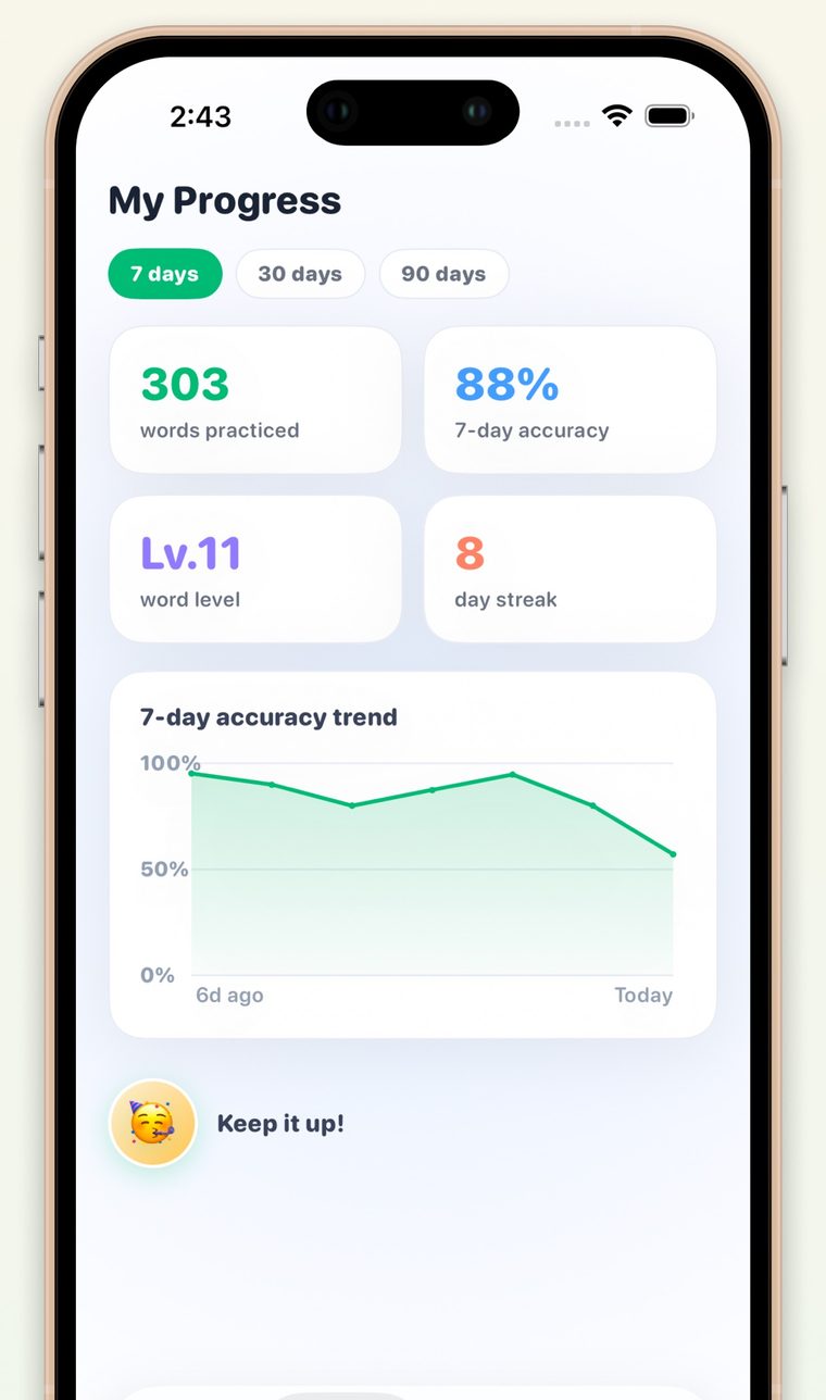 My progress screen with words practised, accuracy and a seven-day trend chart