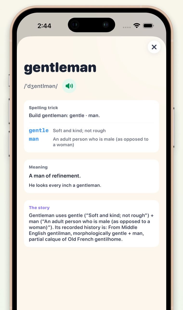 Word detail screen for gentleman showing its spelling trick, meaning and etymology